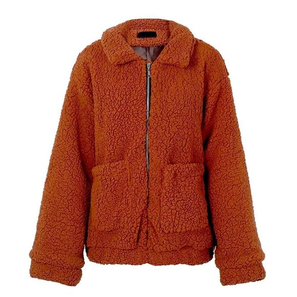 Zaful Women Solid Rust Zip Up Drop Shoulder  Oversized Teddy Cozy Sweate… - Picture 8 of 16